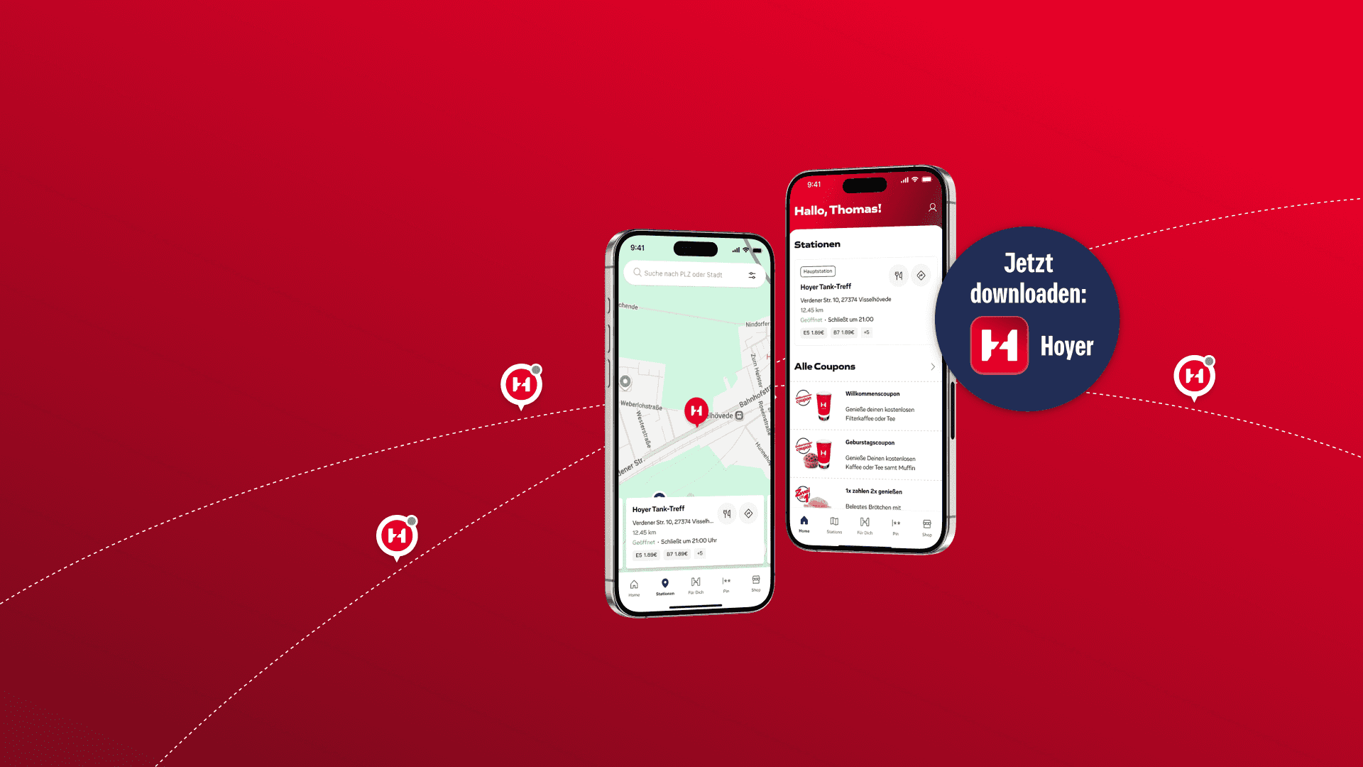 Auf rotem Hintergrund Bild von zwei Smartphones auf den die Hoyer App zu sehen ist