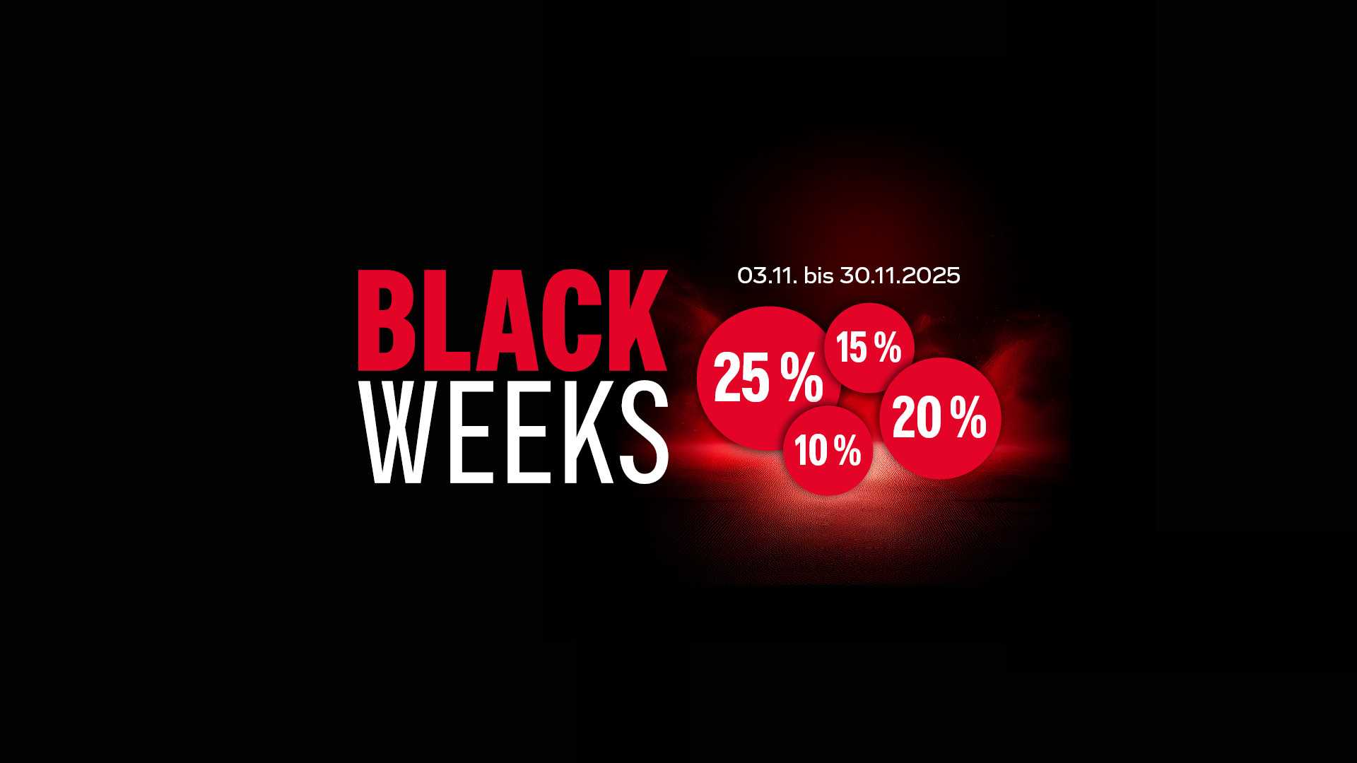 Black Weeks Schriftzug auf schwarzem Hintergrund mit Prozentzahlen in runden Formen